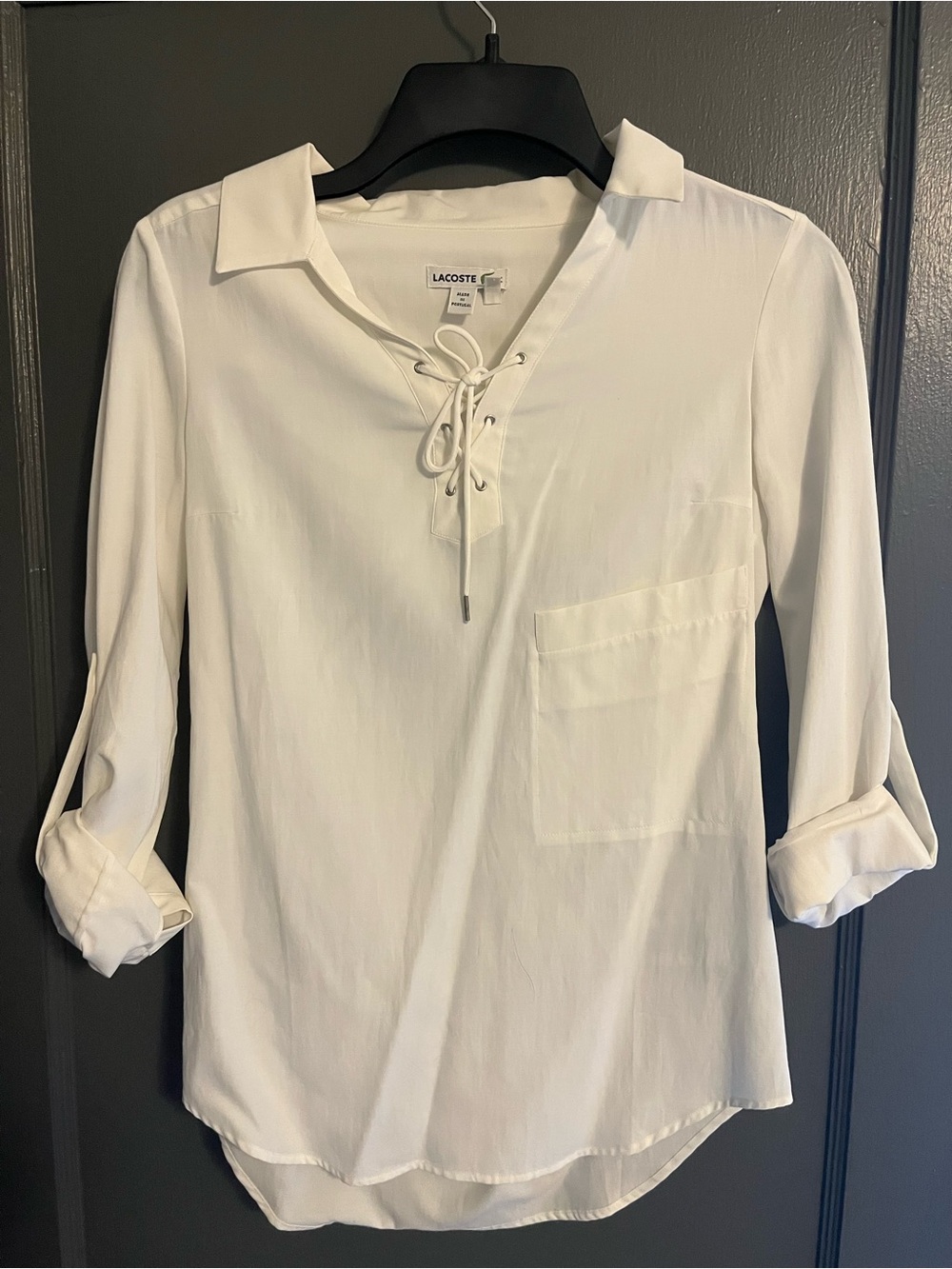 Lacoste White Lace-Up V-Neck Roll-Tab Blouse